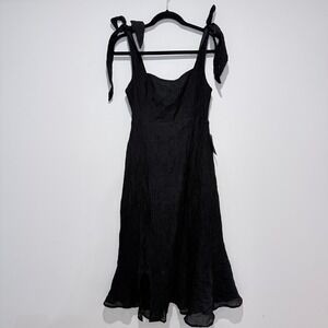 LUSH Black Textured Square Neck Tie Strap Midi Dress Size M NEW‎